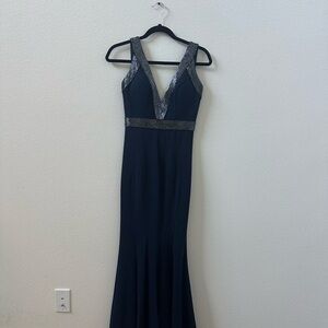 Jovani Navy Maxi Dress with Silver Shimmer Trim